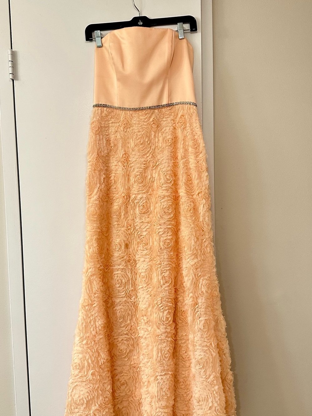 Betsy & Adam Strapless Peach Rosette Gown with Rhinestone Trim